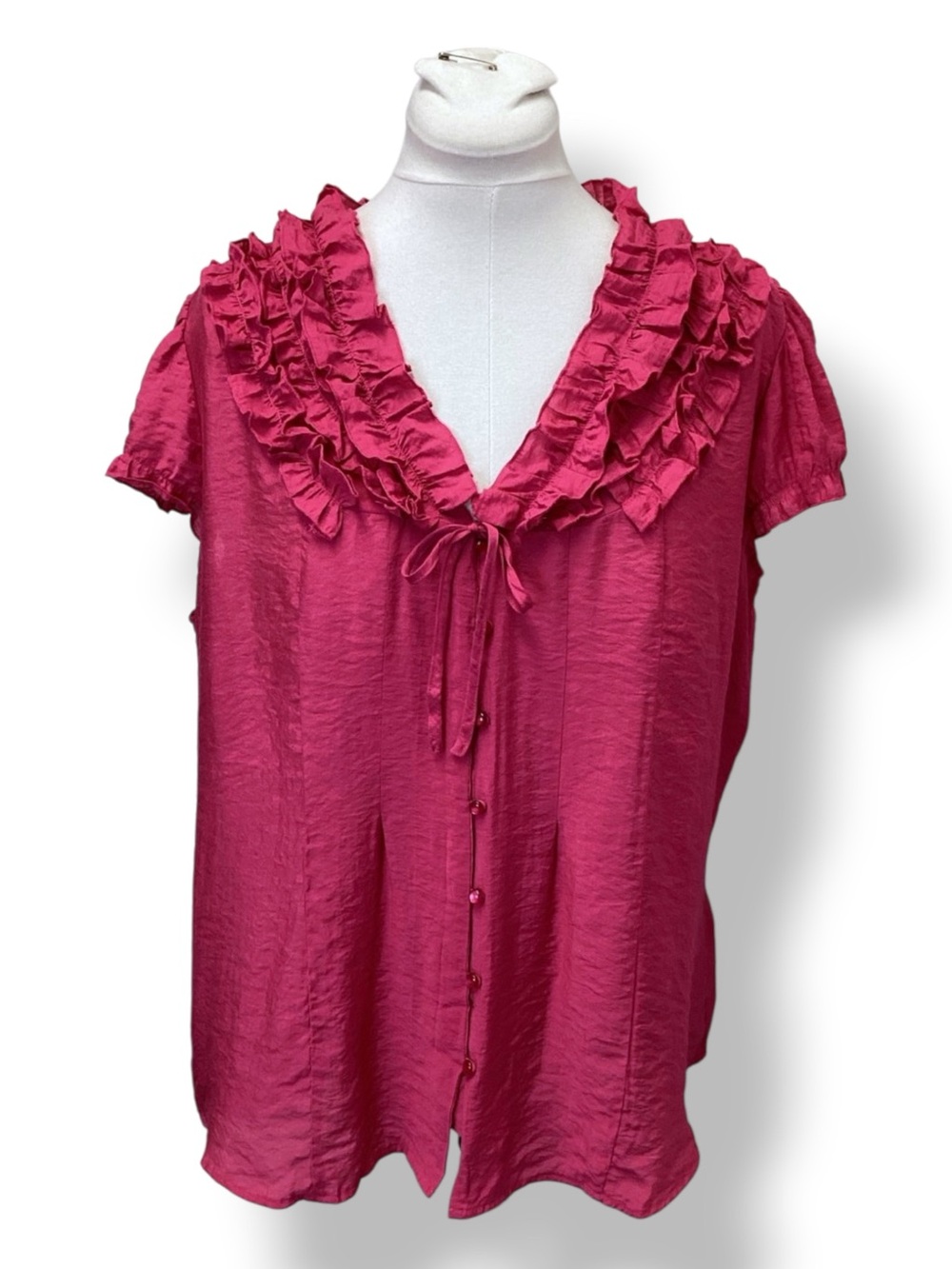 Millenium Women’s Cap Sleeve Button Down Ruffle Neck Shirt, Pink, size 2X
